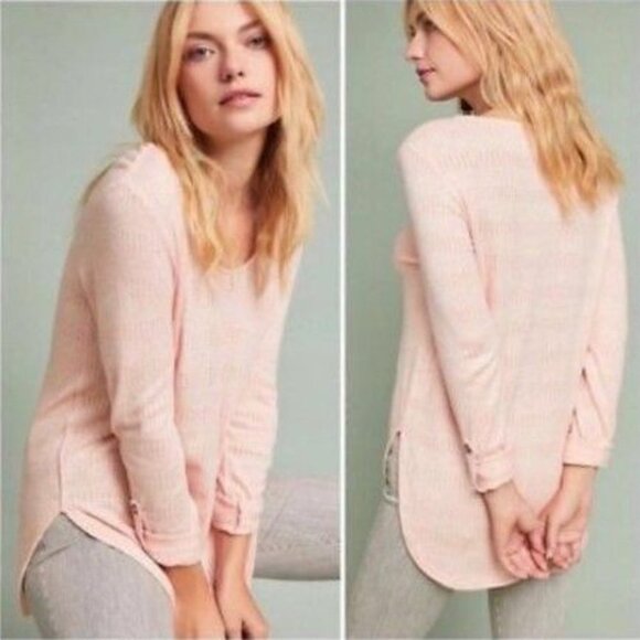 Anthropologie  Akemi + Kin Pink Sylvie Pointelle Knit Long Sleeve Roll Tab Top S - Picture 2 of 16